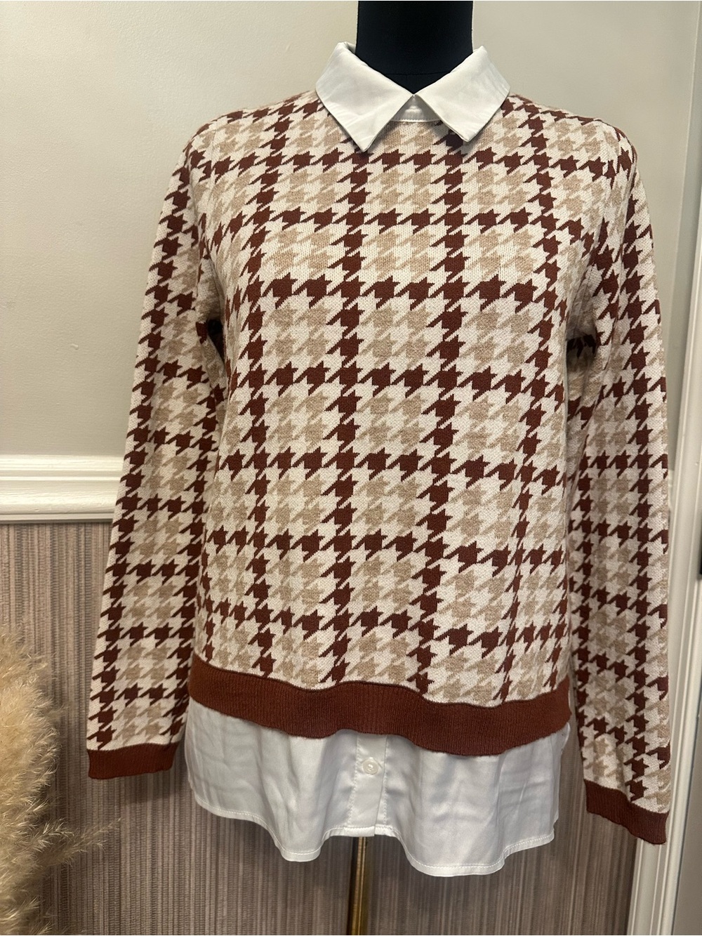 Jones New York Houndstooth Layered Sweater Shirt Brown Beige M